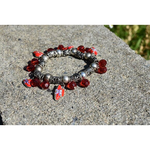 Red Charm Beaded Stretch Bracelet – Silver Tone Accents (Size 7”) - Picture 1 of 7